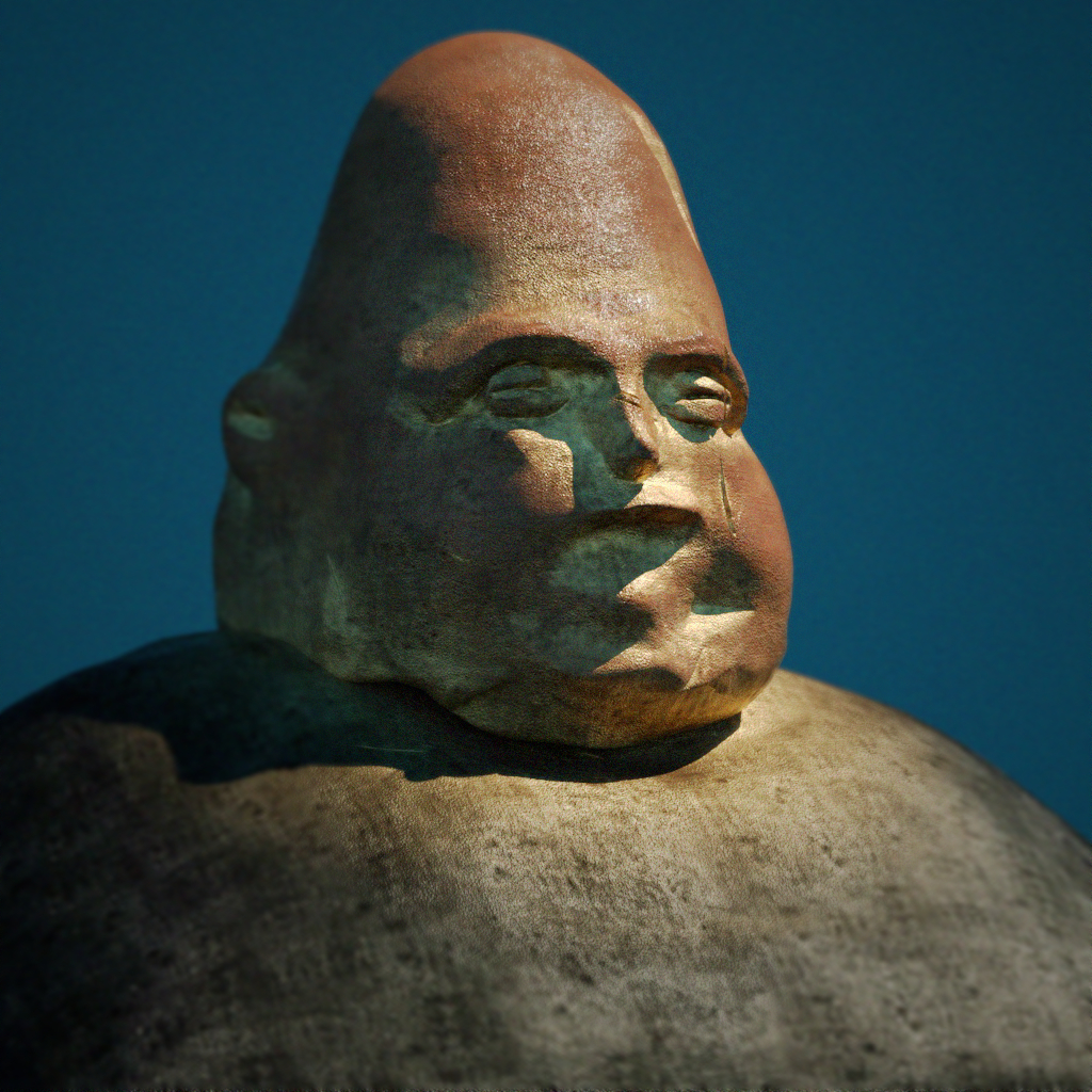 A 3d model of the metal sculpture of a chunky man