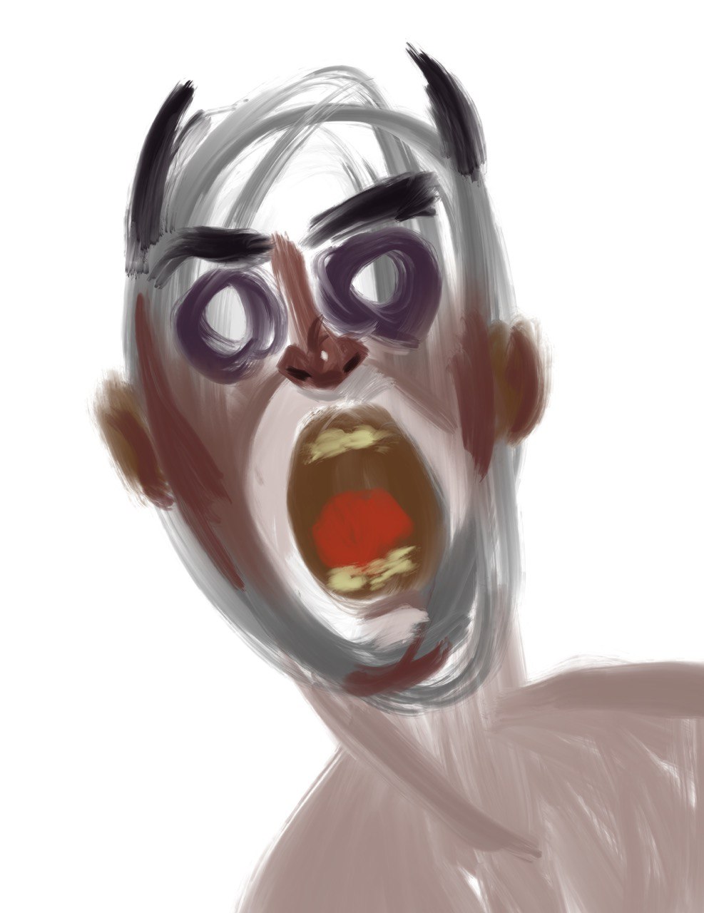 dynamic acrylic style sketch drawing of a screaming person with horns