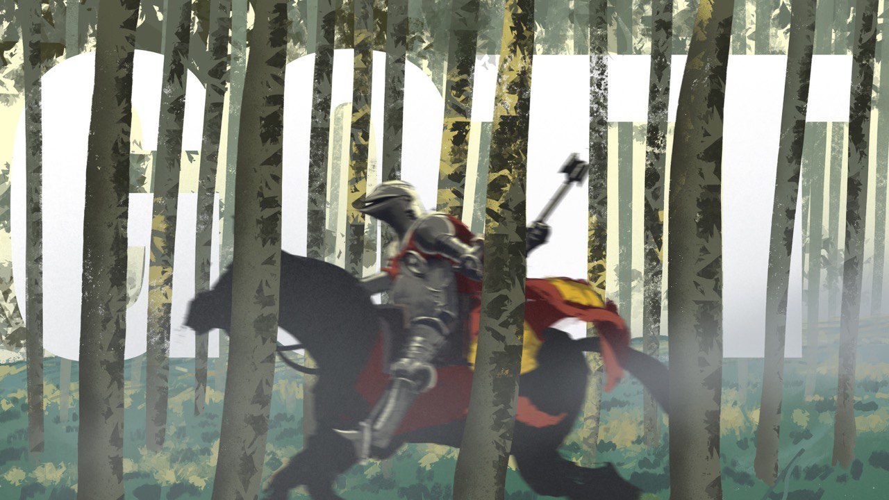 painting of a knight riding through a light forest with large letters in the background saying: gott