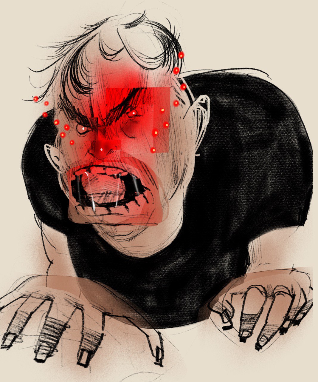 simple sketch of an angry gamer with a grimace and red spots