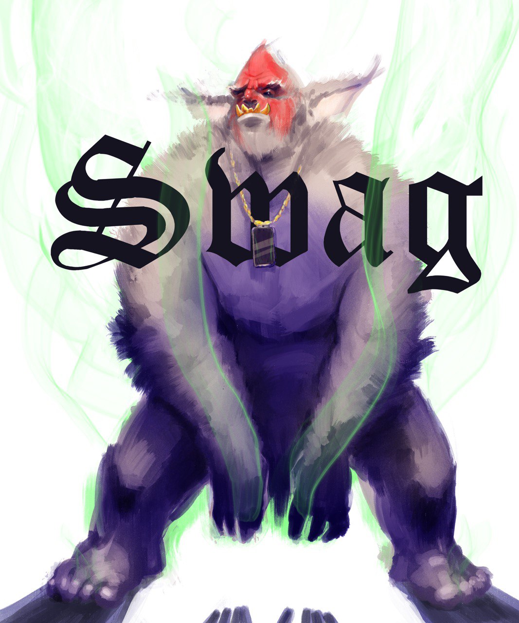 fine painting of a furry deamon monster wearing a gold chain with green smoke and the word: swag