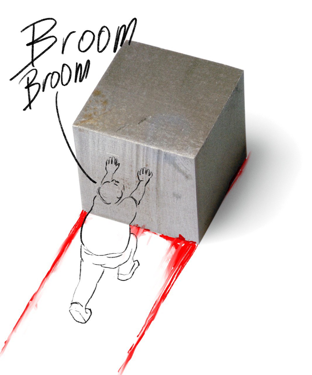 sketch collage of a man pushing a metal block with blood stripes on the ground