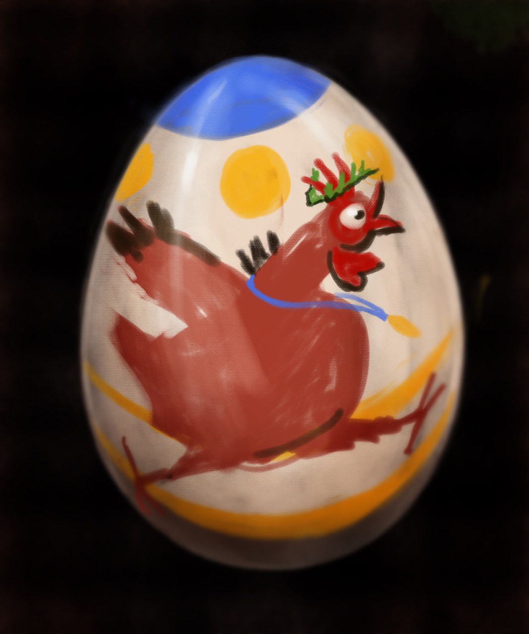 fine painting of a painted easter egg with a chicken on it