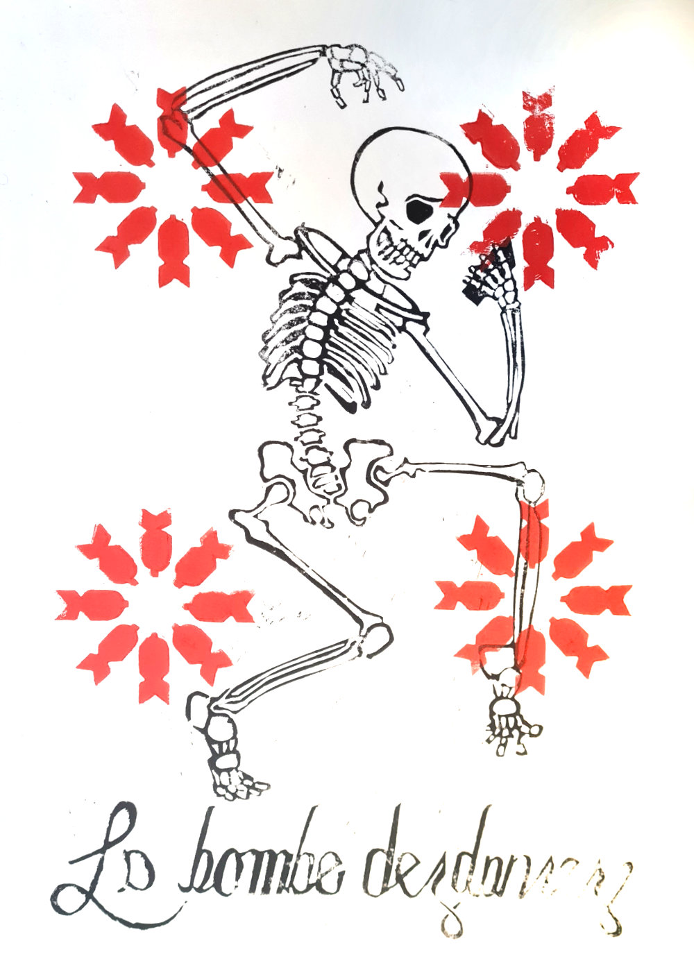 linocut of a dancing skeleton looking at a smartphone, flowers of bomb shapes and the words: la danse des bombes